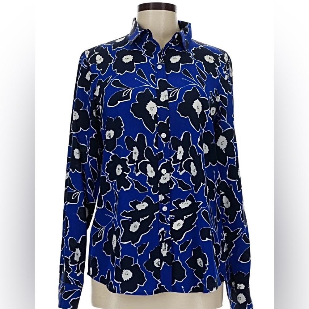 C. Wonder Blue Floral 100% Silk Long Sleeve Blouse